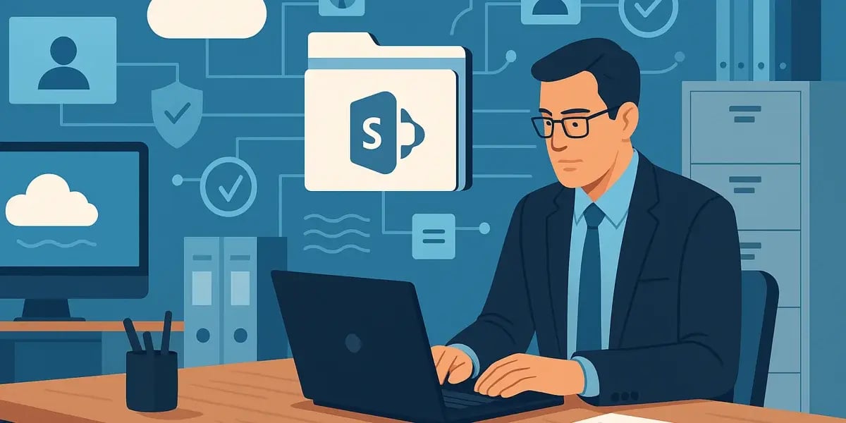 Illustration eines Geschäftsmanns am Laptop mit SharePoint-Ordnersymbolen und Cloud-Netzwerk.