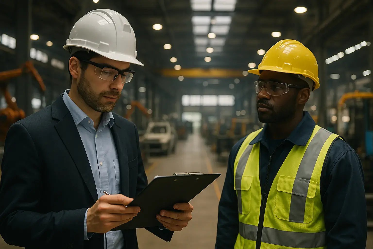 Zwei Männer in einem Industriebereich mit Bauhelmen, einer schaut auf ein Clipboard.