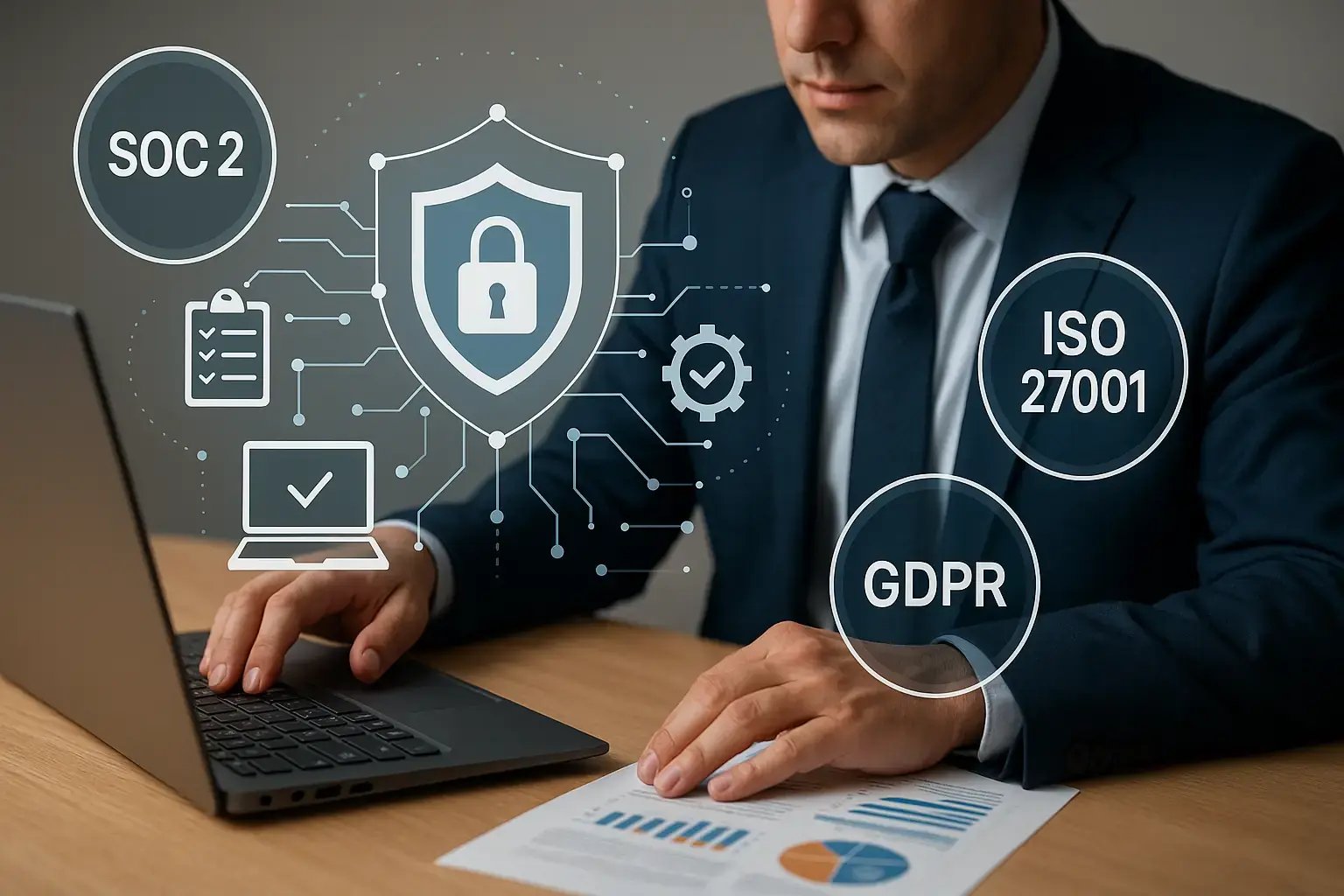 Geschäftsmann arbeitet am Laptop mit Symbolen für Informationssicherheit, SOC 2, ISO 27001 und DSGVO.