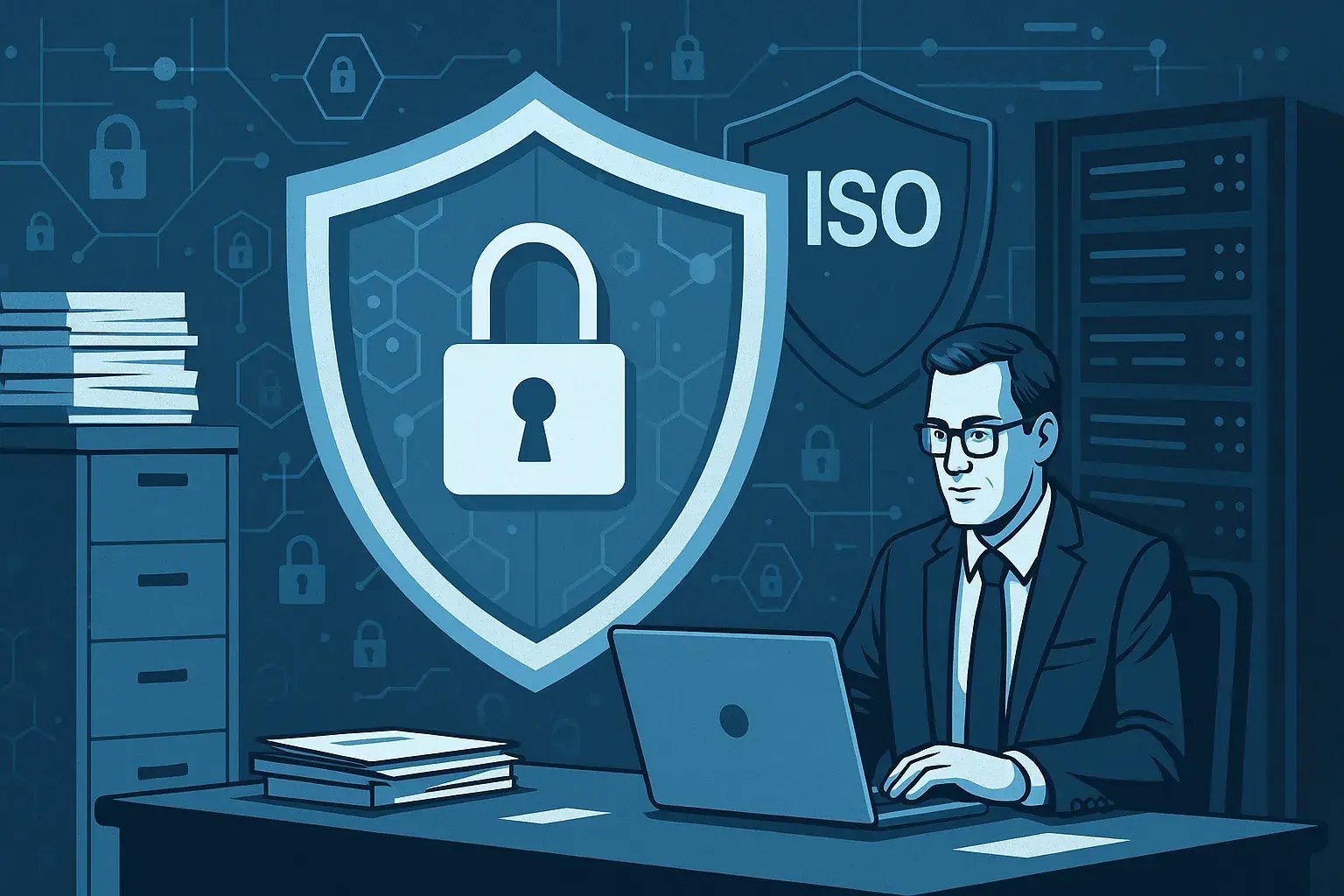 Illustration eines IT-Mitarbeiters am Laptop, umgeben von Sicherheitssymbolen und ISO-Schild für Informationssicherheitsmanagement.