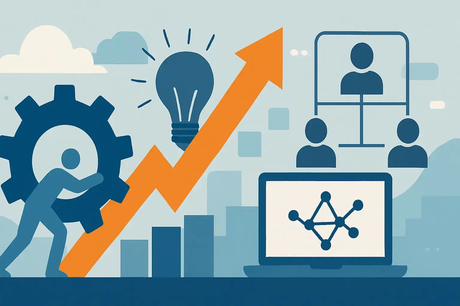 Illustration von Prozessoptimierung und Innovation mit Symbolen wie Zahnrad, Glühbirne, Organisationsdiagramm und einem wachsenden Pfeil.