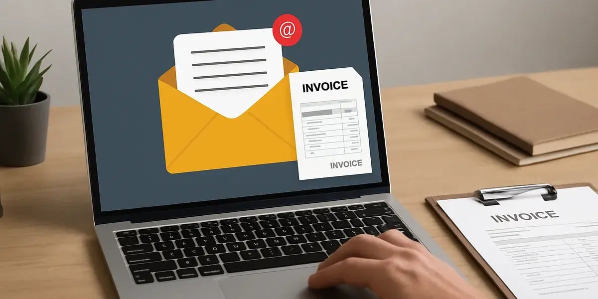 Hand am Laptop mit Symbol für E-Mail-Rechnung auf dem Bildschirm, daneben gedruckte Rechnung auf Klemmbrett.