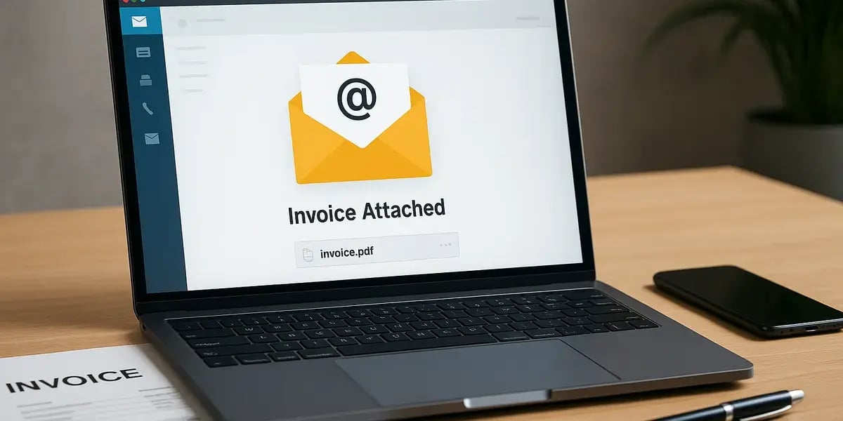 Laptop mit geöffneter E-Mail und Anhang „invoice.pdf“, daneben Rechnung, Stift und Smartphone auf dem Schreibtisch.