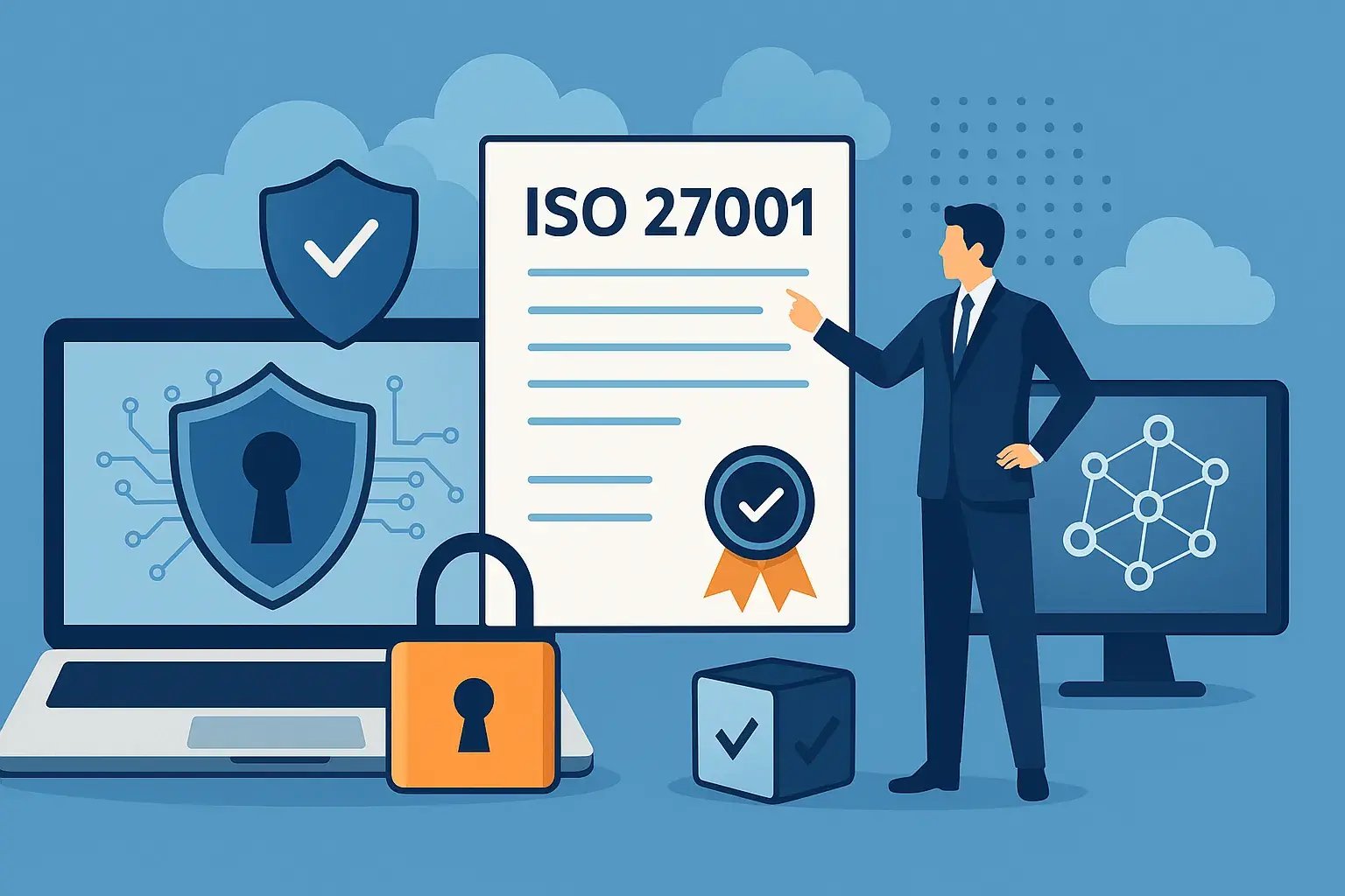 Illustration eines Geschäftsmanns, der auf ein ISO-27001-Zertifikat zeigt, umgeben von Symbolen für Datenschutz und Informationssicherheit.