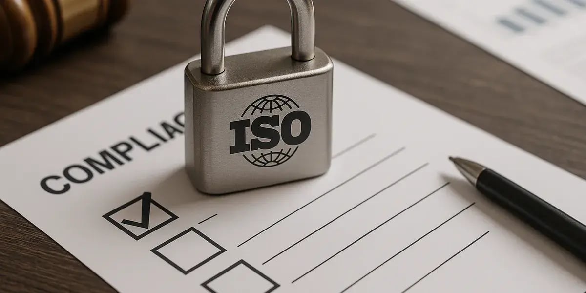 Vorhängeschloss mit ISO-Logo auf einem Compliance-Dokument mit Checkboxen und Kugelschreiber.