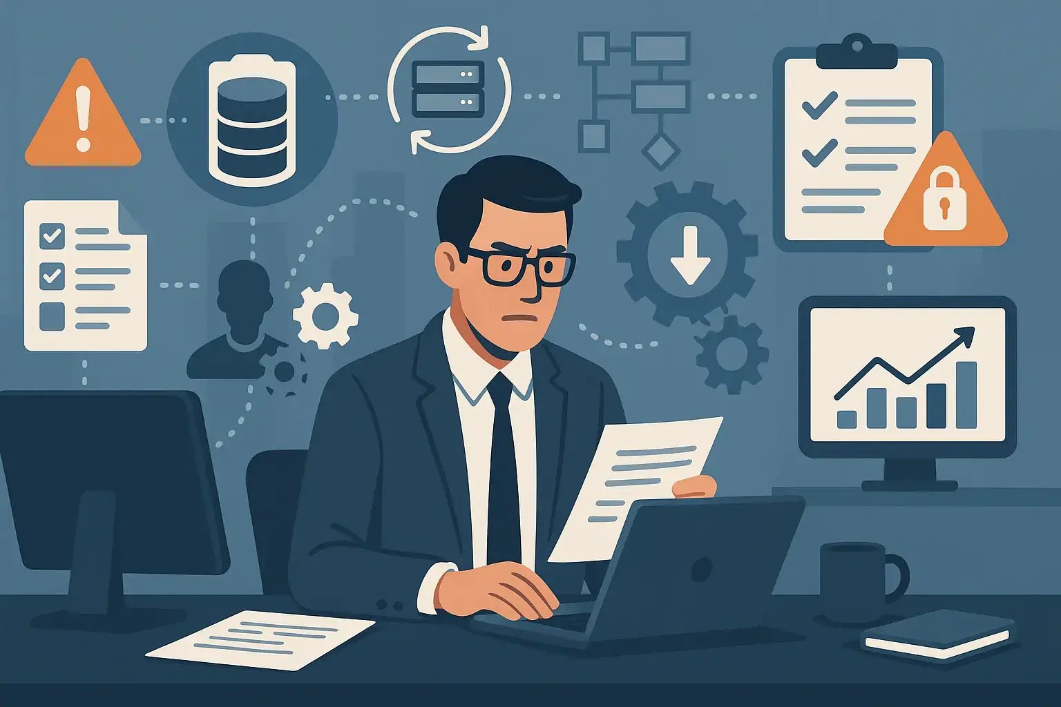 Illustration eines IT-Managers, der an einem Laptop arbeitet, umgeben von Symbolen für Datenmanagement, Sicherheit und Prozessoptimierung