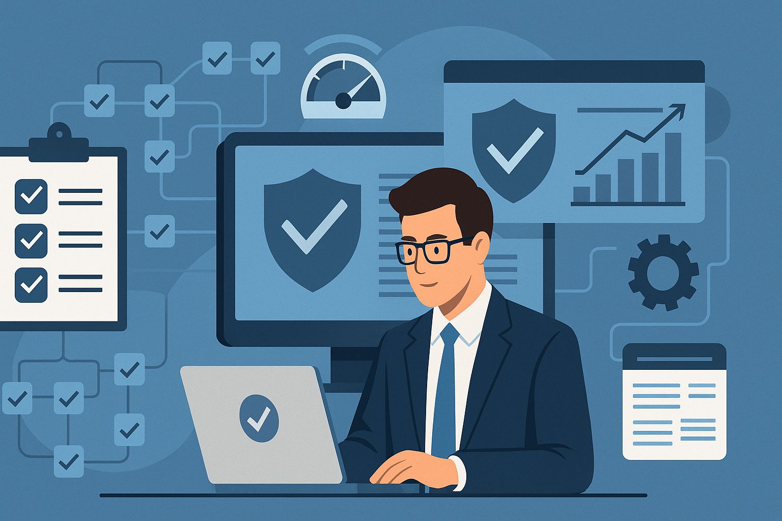 IT-Manager arbeitet am Laptop mit Symbolen für Datenschutz, Sicherheit und Compliance im Hintergrund.