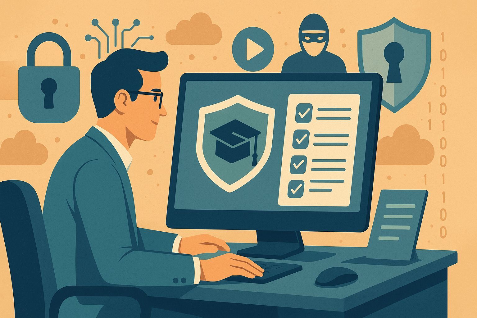 Illustration eines E-Learning-Trainings zu IT-Sicherheit und Datenschutz mit Lernsymbolen.
