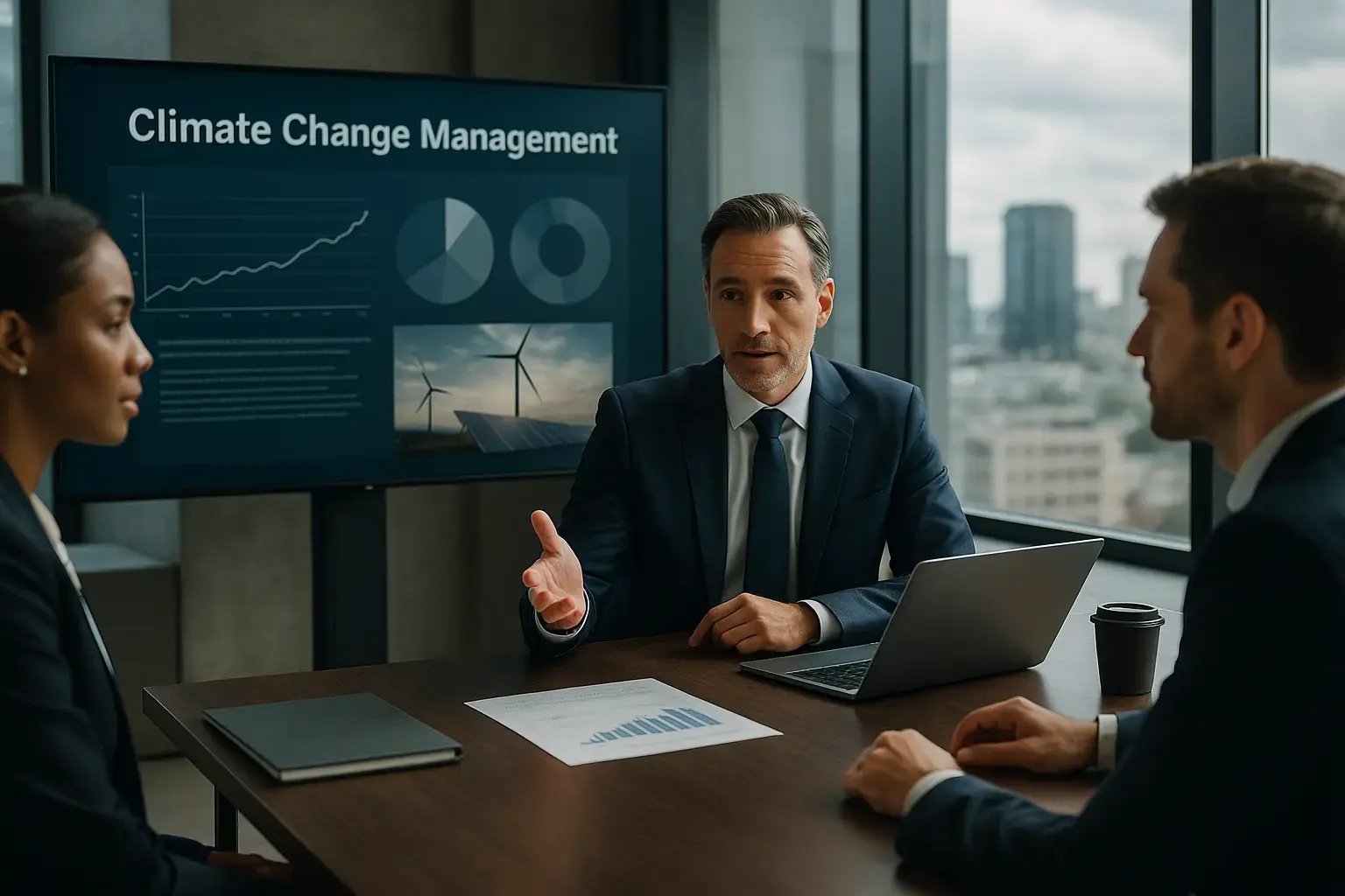 Meeting on climate change management with professionals discussing data and strategies.