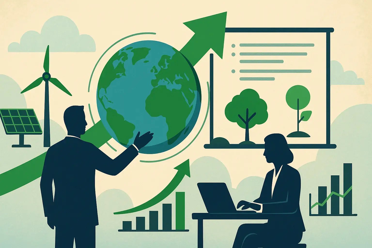 Illustration of climate change strategies featuring graphs, earth, and renewable energy icons.
