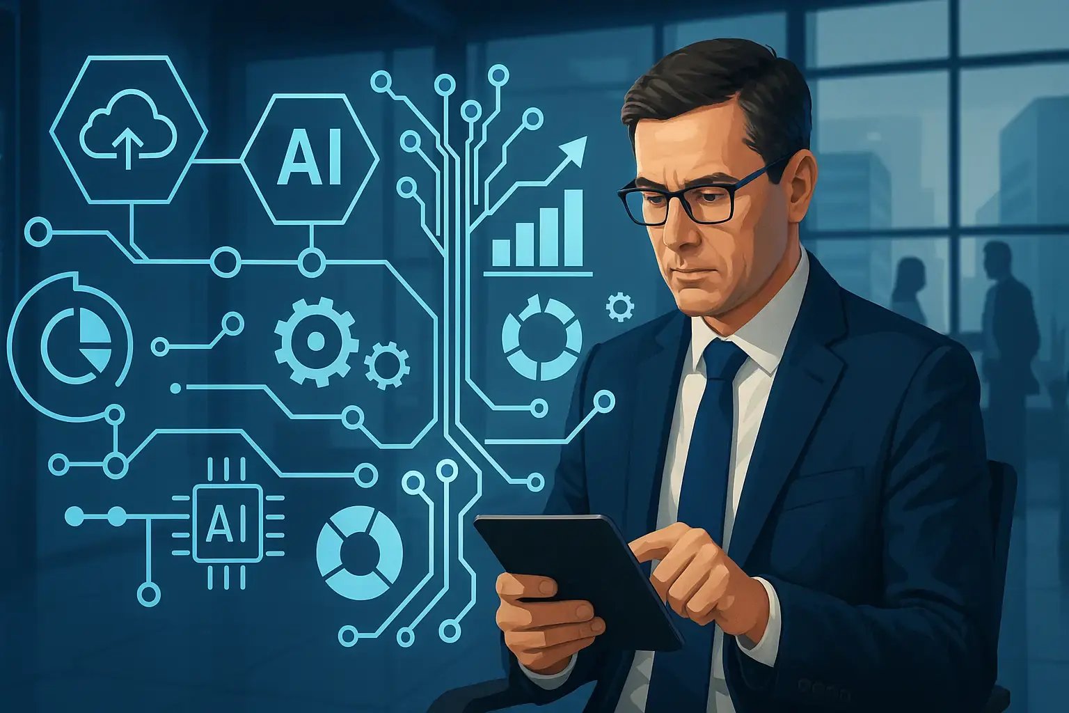 Geschäftsmann in Anzug arbeitet mit Tablet, umgeben von Symbolen zu künstlicher Intelligenz, Daten und Automatisierung.