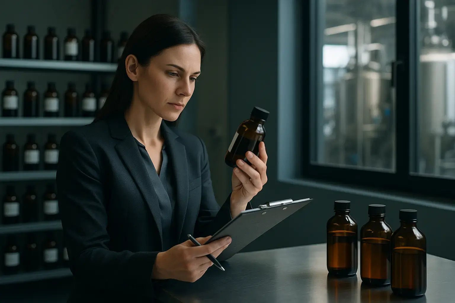 Eine Frau analysiert eine Flasche in einem Labor mit vielen weiteren Proben.