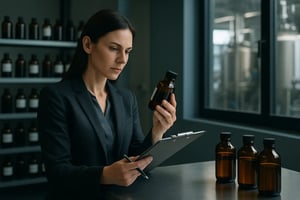 Eine Frau analysiert eine Flasche in einem Labor mit vielen weiteren Proben.