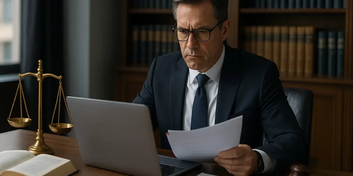 Erwachsener Mann im Anzug arbeitet im Büro an Laptop und Dokumenten, neben einer goldenen Waage.