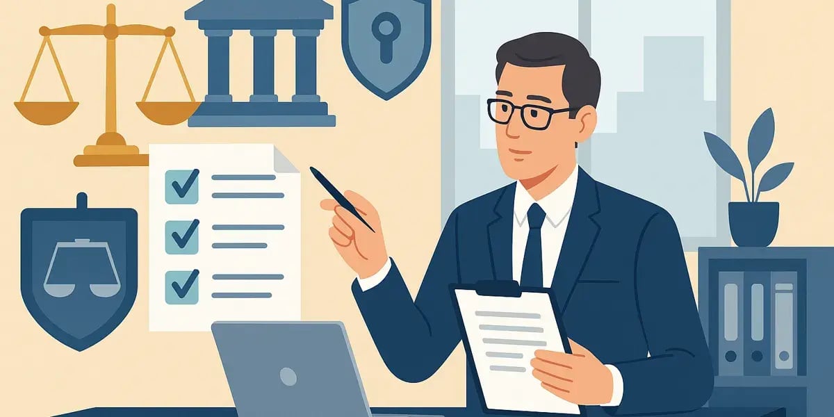 Illustration eines Anwalts oder Compliance-Managers im Büro mit Symbolen für Recht, Datenschutz und Checklisten.