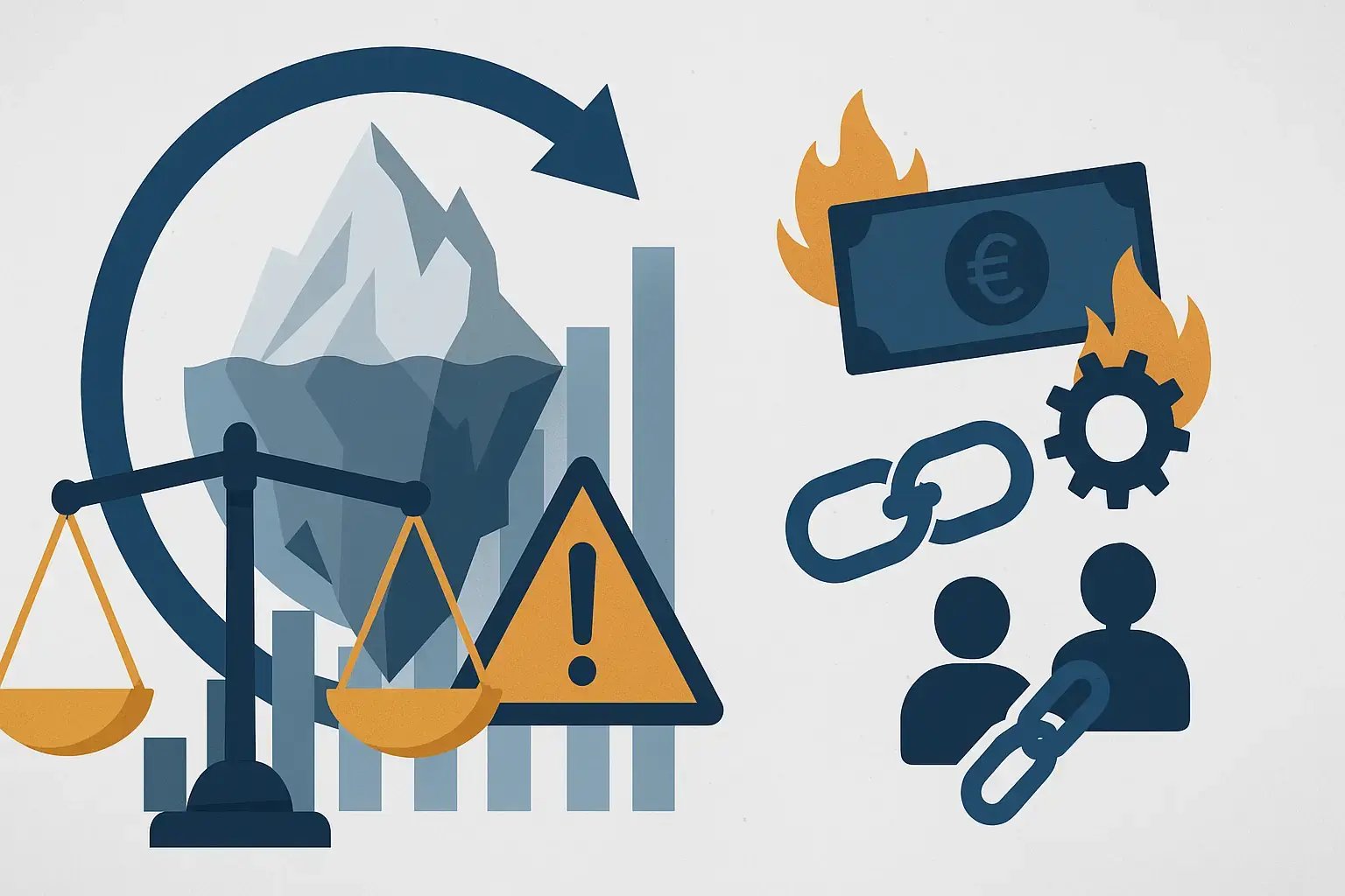Illustration von Lieferketten- und Compliance-Risiken mit Eisberg, Warnsymbol, Waage, brennendem Geldschein, Zahnrädern und gebrochenen Kettengliedern.