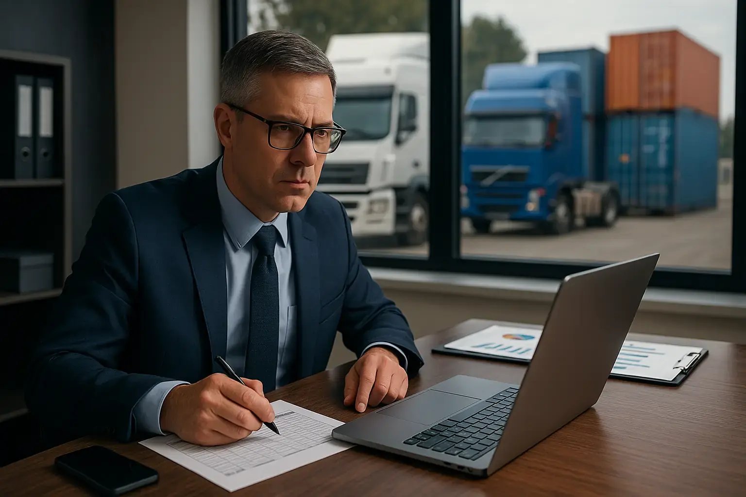 Geschäftsmann analysiert Logistikdaten am Laptop, im Hintergrund stehen Lkw und Container auf einem Betriebshof.