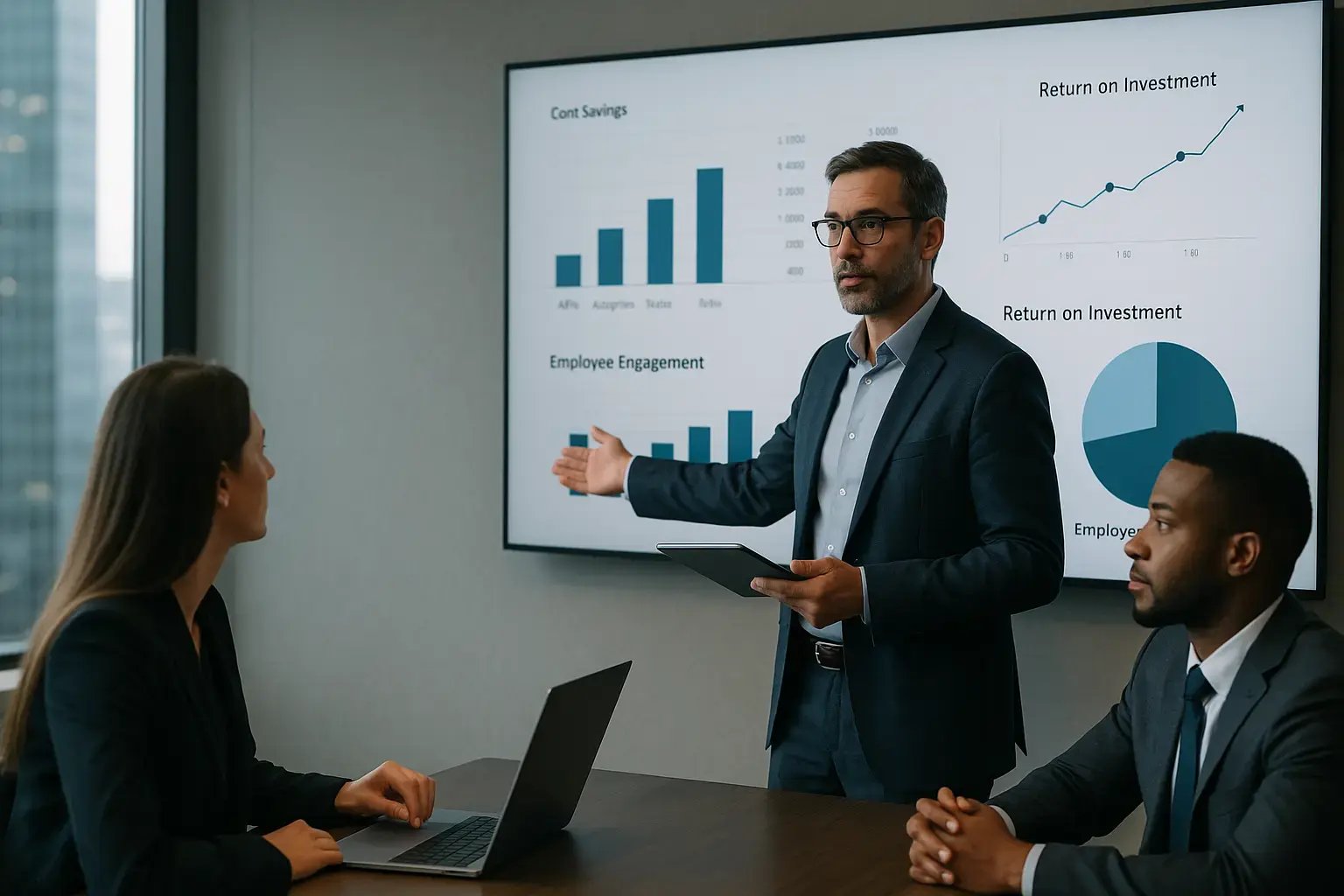Ein Manager präsentiert Unternehmenskennzahlen zu Kosteneinsparungen und Mitarbeitereinbindung in einer Sitzung.