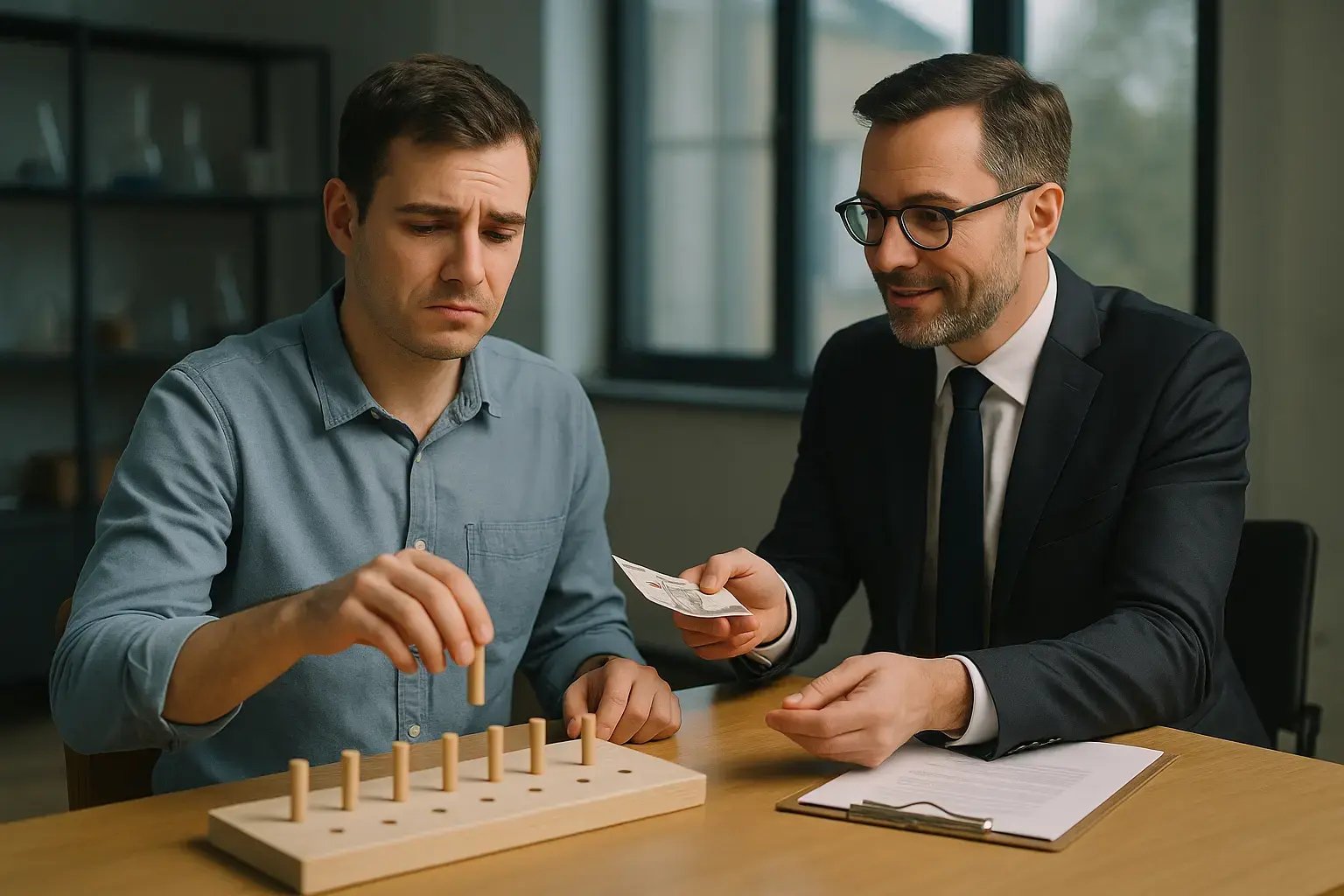 Ein nachdenklicher Mann platziert Holzstäbe, während ein Berater ihm Geld überreicht und Unterstützung bietet.