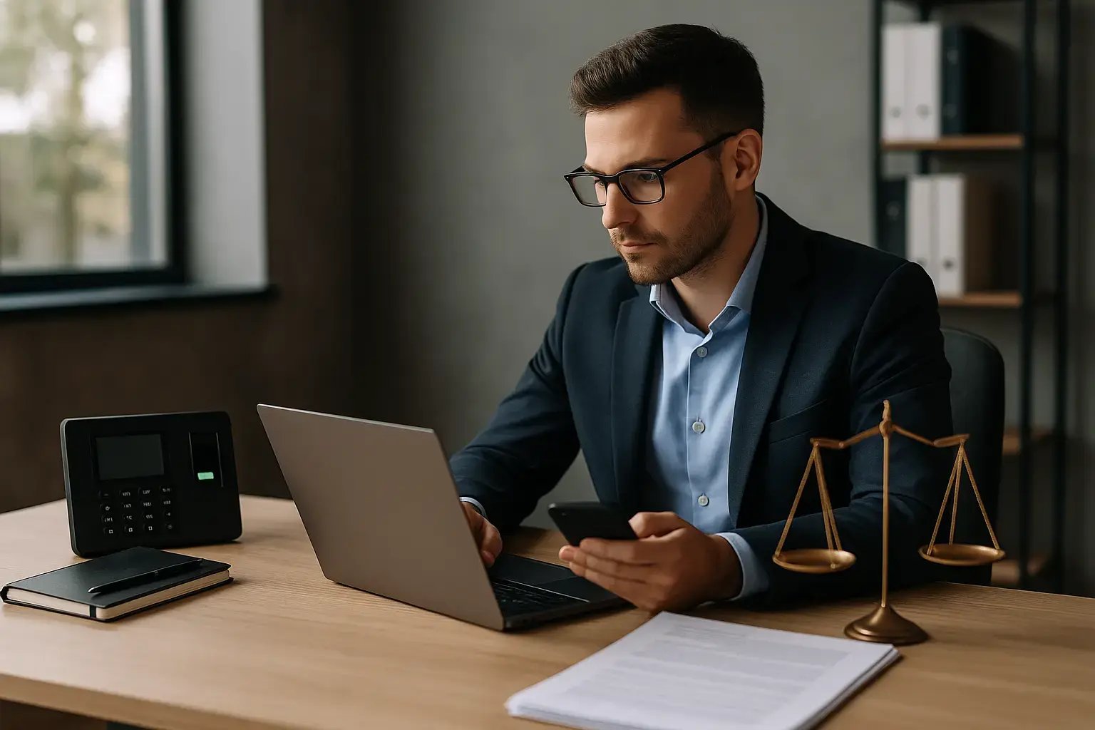 Ein seriöser Mann arbeitet an einem Laptop in einem modernen Büro, mit einem Telefon in der Hand.