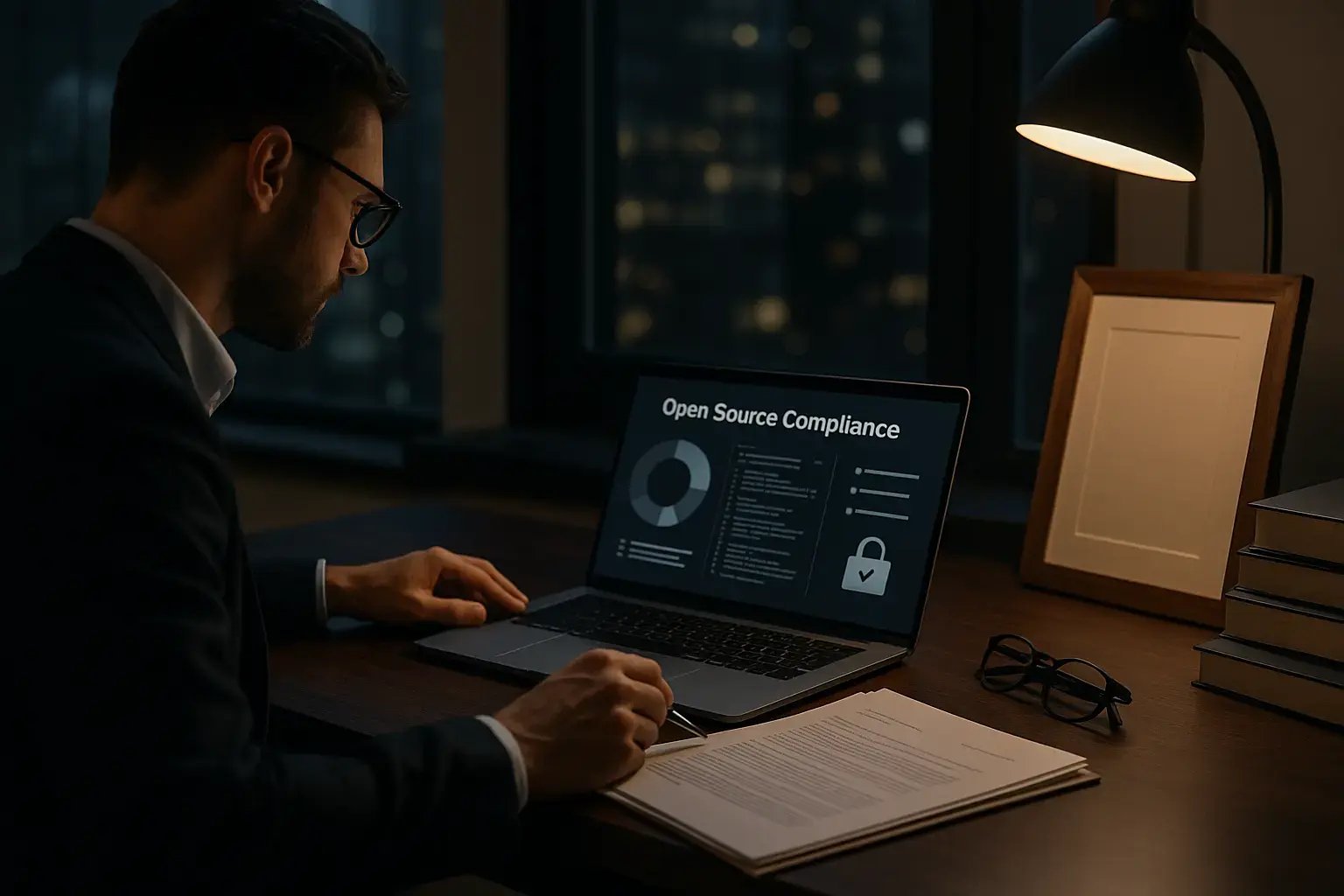 Ein Mann arbeitet spät in der Nacht an einem Laptop, fokussiert auf Open Source Compliance. Der Schreibtisch ist elegant eingerichtet und erleuchtet durch eine Lampe.