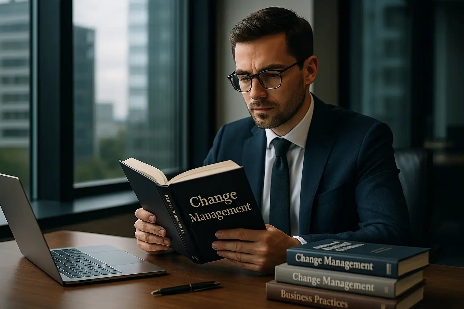 Ein Mann mit Brille liest ein Change Management Buch in einem modernen Büro.