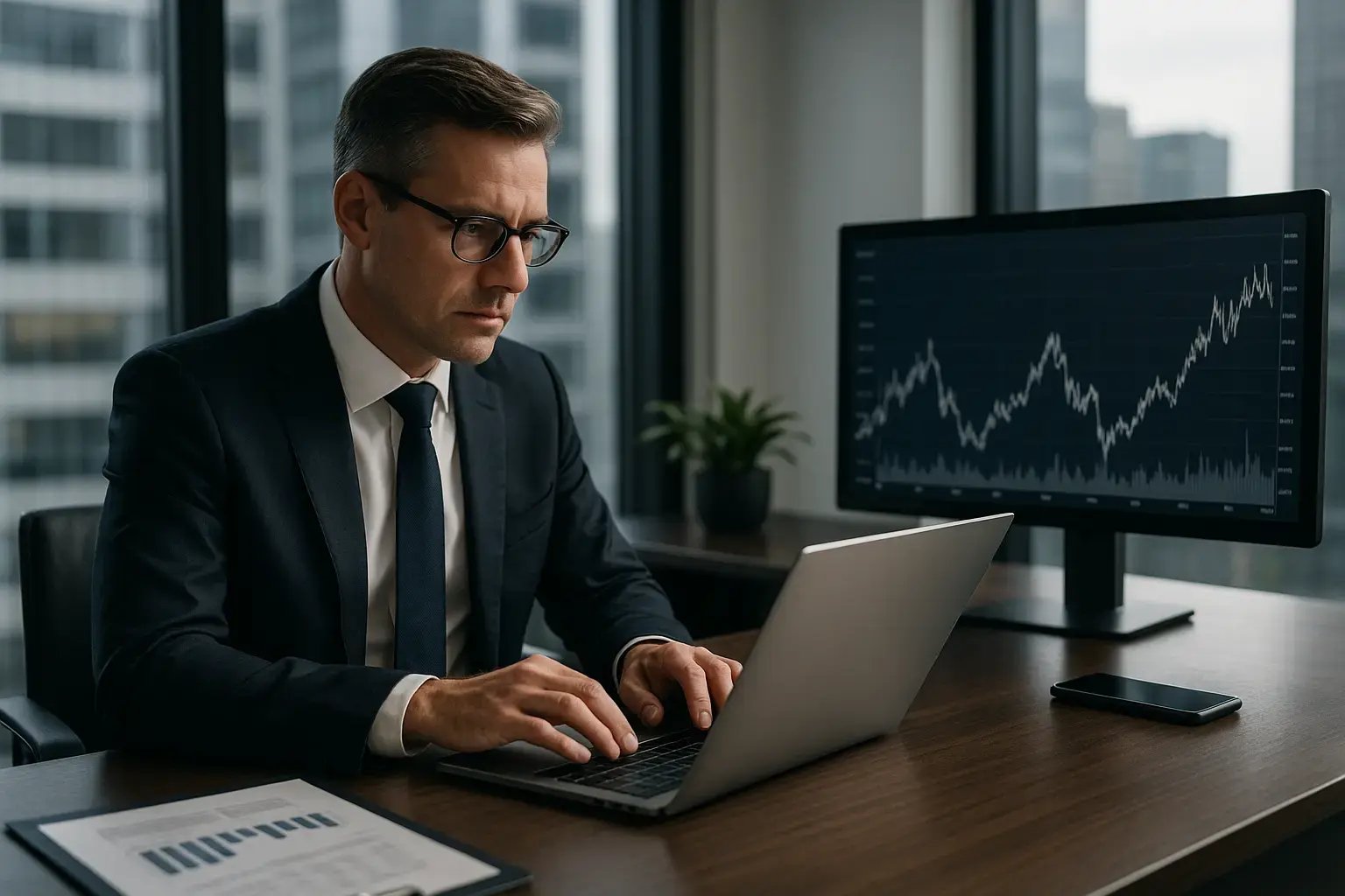 Ein Mann arbeitet konzentriert an einem Laptop mit einem Bildschirm im Hintergrund, der Diagramme zeigt.