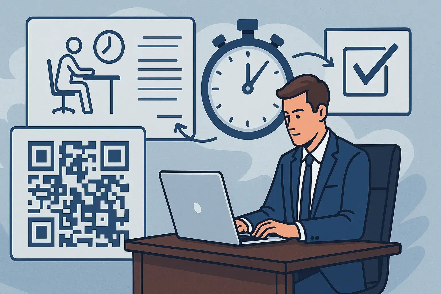 Illustration eines konzentrierten Mannes, der an einem Laptop arbeitet, umgeben von Grafiken und Zeitmanagement-Symbolen.