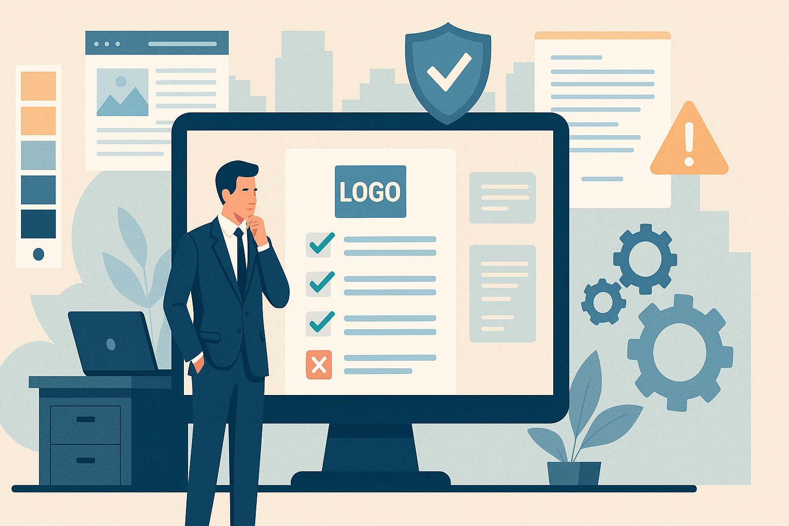 Illustration eines Geschäftsführers, der Markenelemente auf einem Bildschirm überprüft, symbolisch für Markenschutz und Corporate Identity.