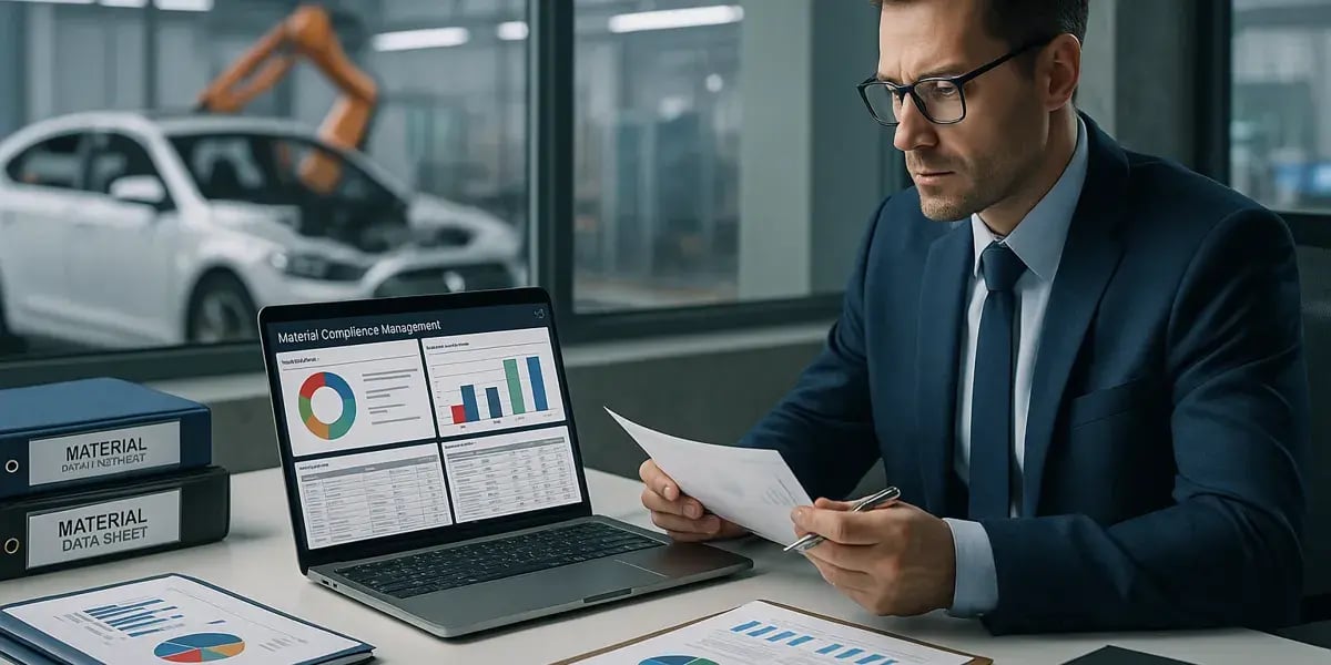 Geschäftsmann analysiert Diagramme zu Material-Compliance am Laptop in einem Büro mit Blick auf eine Fertigungshalle.