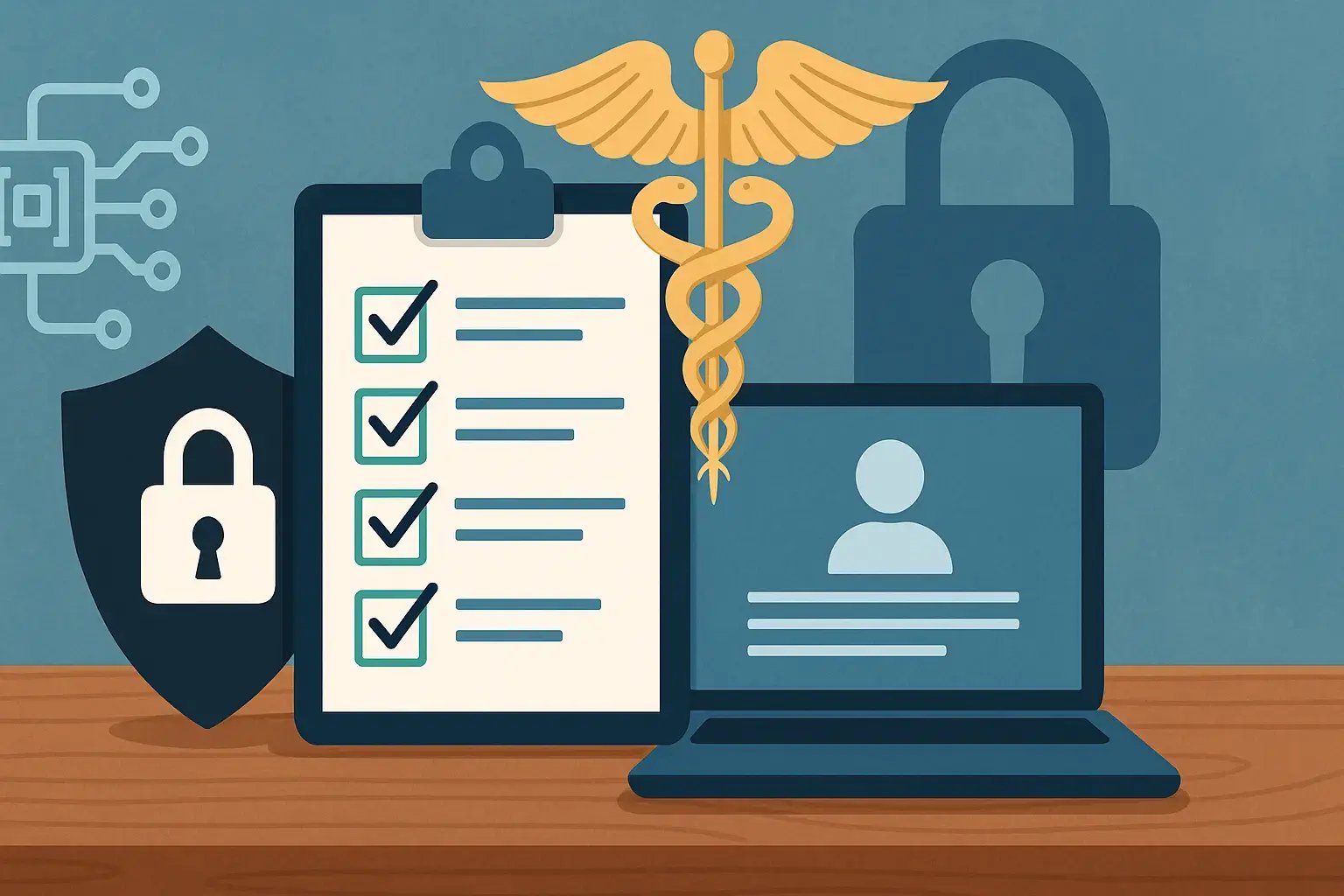 Grafik mit medizinischem Symbol und einer Checkliste für Datensicherheit und HIPAA-Compliance auf einem Desktop-Computer.