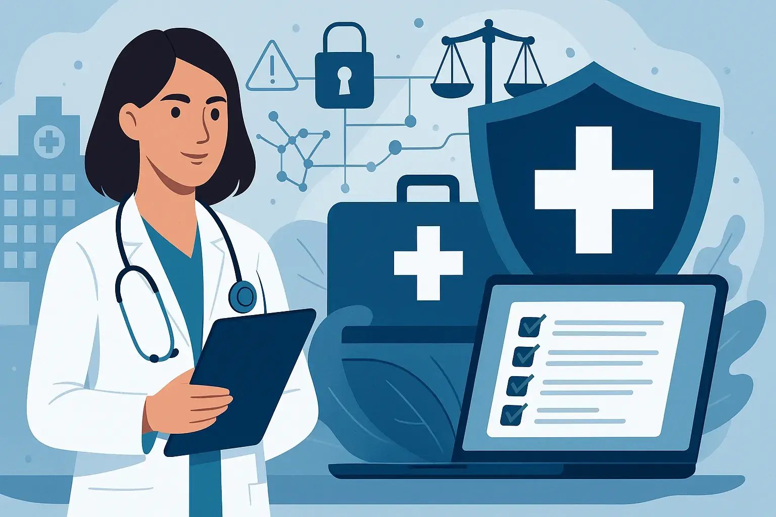 Ärztin mit Klemmbrett vor Symbolen für IT-Sicherheit, Gesundheitsdaten und digitale Compliance im Medizinbereich.