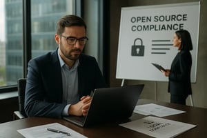 Ein konzentrierter Mann sitzt an einem Konferenztisch, während eine Frau eine Präsentation über Open Source Compliance gibt. Hintergrund zeigt ein Flipchart.