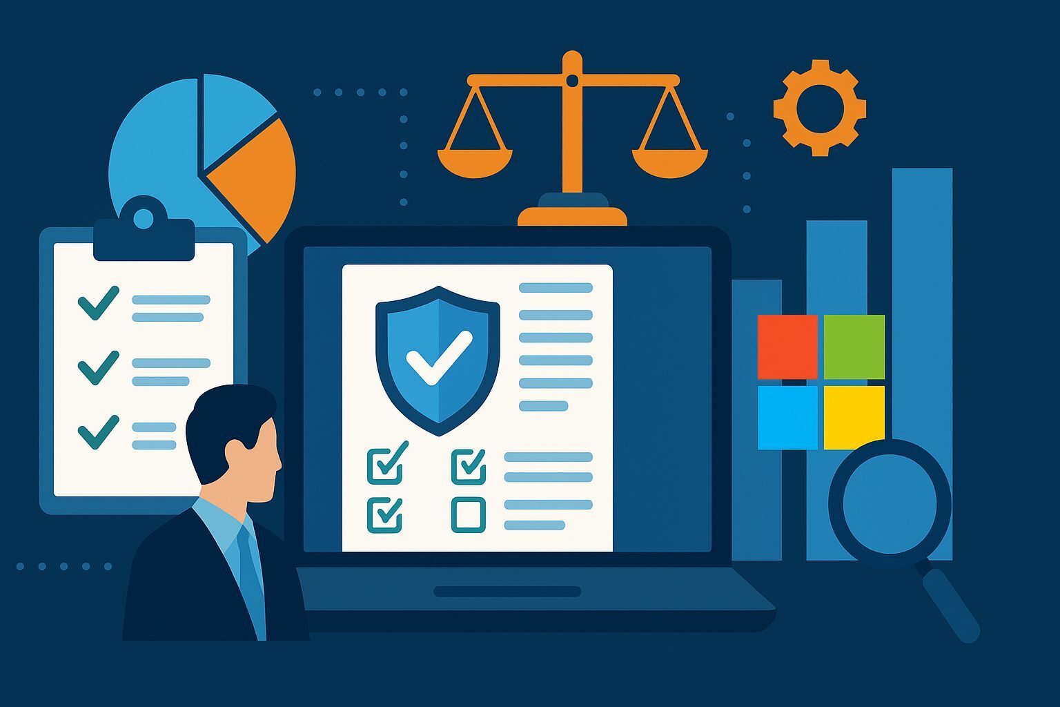 Illustration zu Microsoft-Compliance mit Datenschutzsymbolen, Checklisten und Balance-Skala.