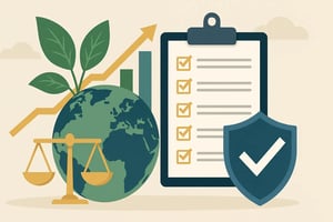 Grafische Darstellung von Nachhaltigkeitskriterien mit einem Globus und Checkliste.