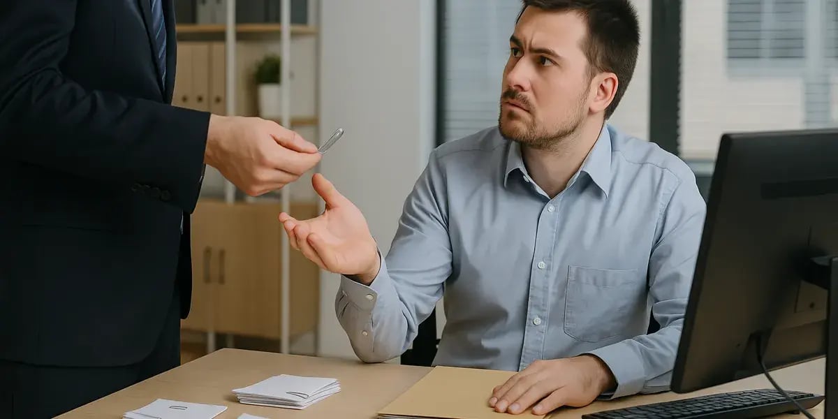 Büroszene mit zwei Männern, einer sitzt am Schreibtisch und schaut fragend auf einen Kollegen, der ihm einen Gegenstand überreicht.