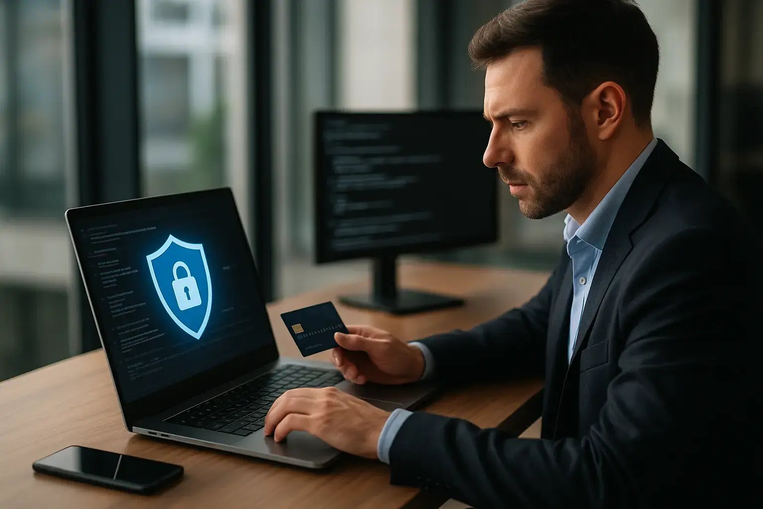 A man using a laptop while holding a credit card, focusing on online security.
