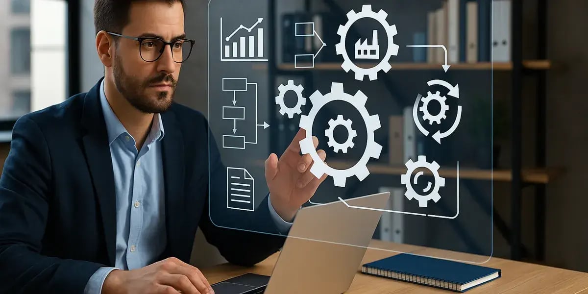 Mann nutzt Laptop mit virtuellen Zahnrädern und Prozessgrafiken zur Visualisierung von Arbeitsabläufen.