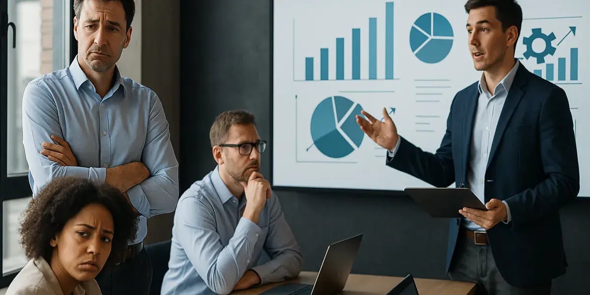 Team in Besprechung mit Präsentation von Diagrammen und Daten, Vortragender erklärt Ergebnisse.