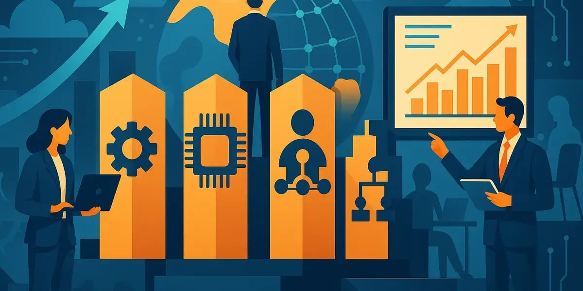 Illustration zu digitaler Transformation mit Symbolen für Technologie, Vernetzung und Wachstum.