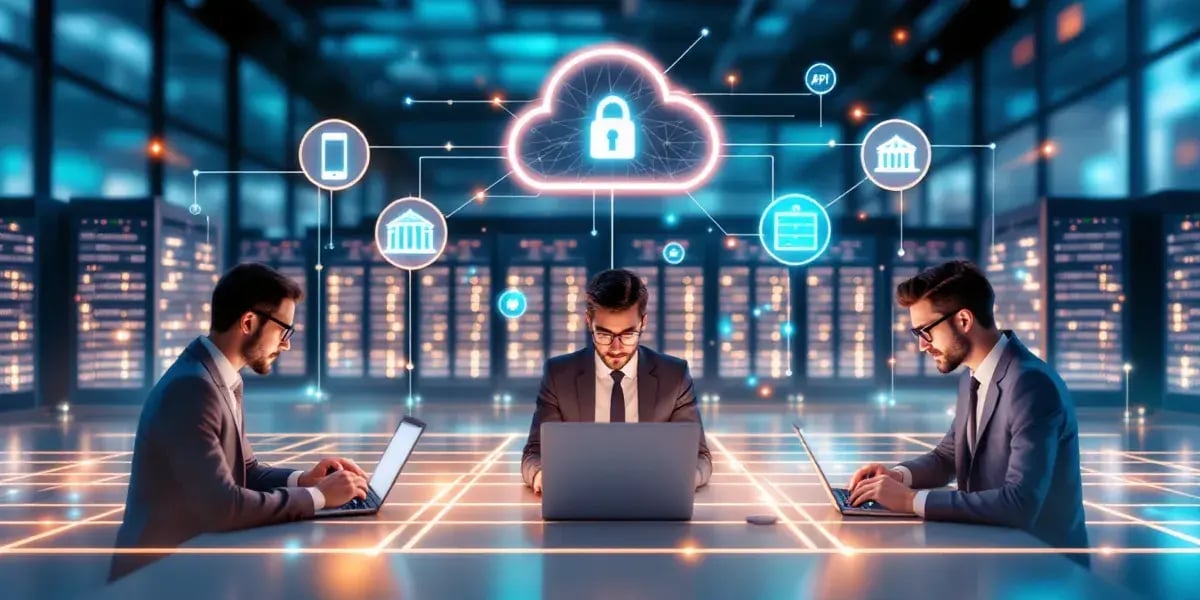 Illustration von IT-Spezialisten mit Cloud-Symbolen, Datensicherheit und Serverumgebung.