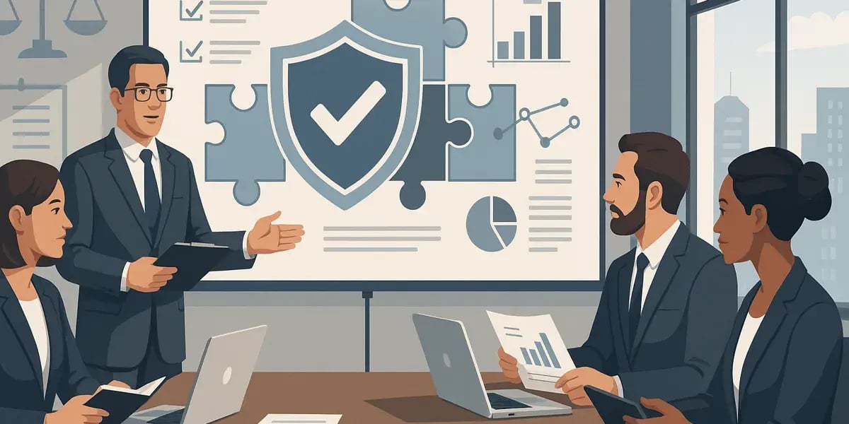 Illustration eines Business-Meetings mit Fokus auf Datenschutz und Compliance-Symbole auf Präsentationsfolie.