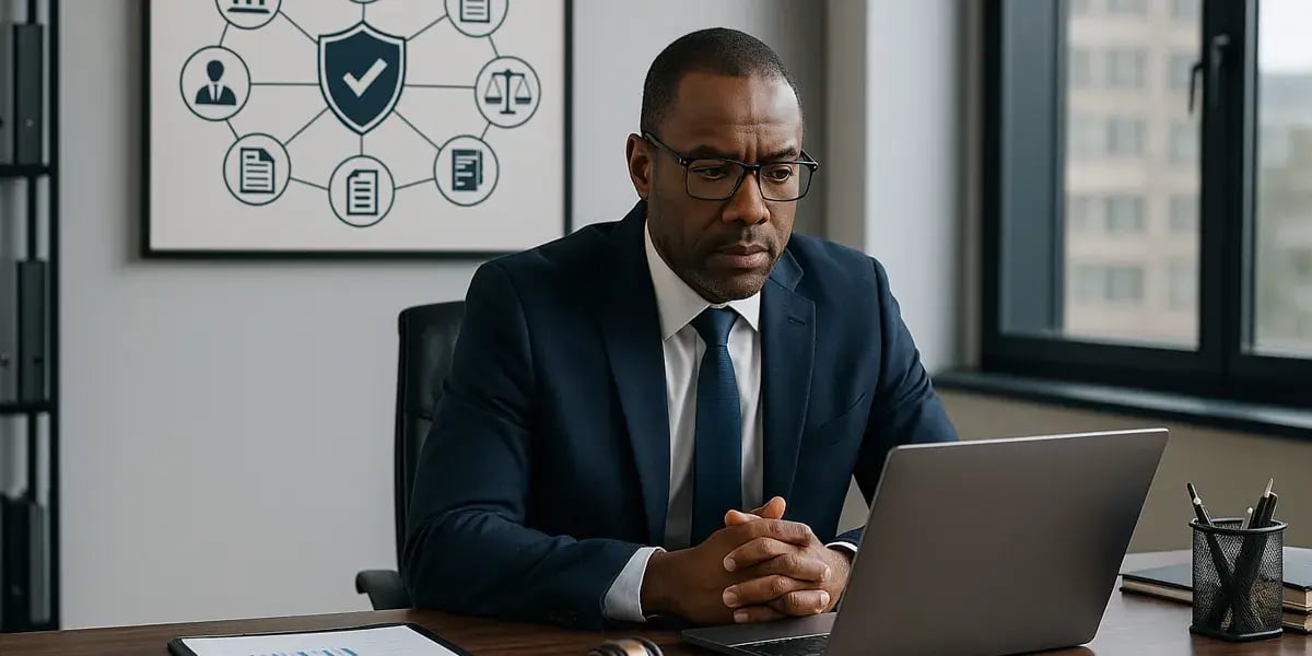 Geschäftsmann arbeitet am Laptop, hinter ihm Schaubild mit Datenschutz- und Compliance-Icons.