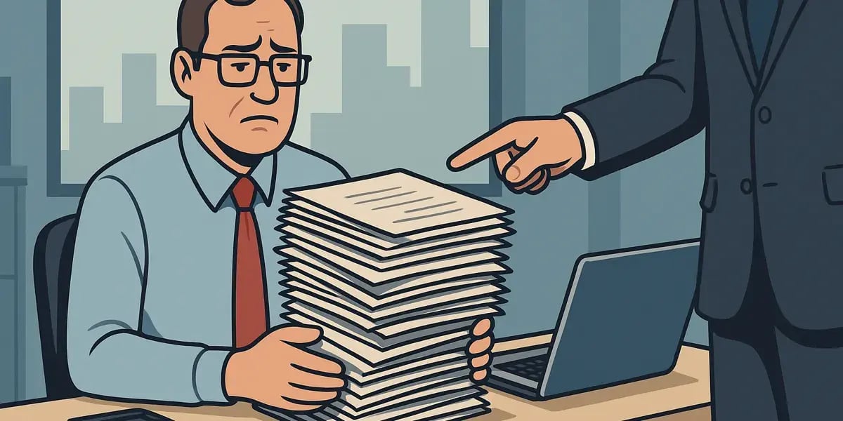 Illustration eines gestressten Büroangestellten mit großem Papierstapel, während ein Vorgesetzter auf die Arbeit zeigt.