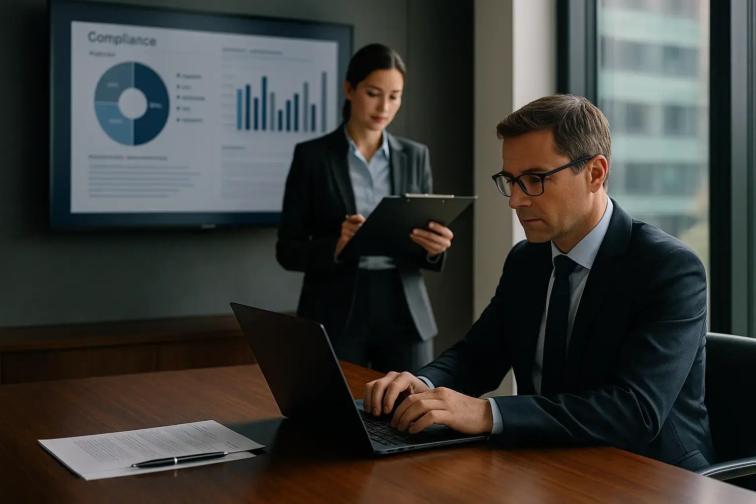 Eine Frau präsentiert Compliance-Statistiken, während ein Mann konzentriert an seinem Laptop arbeitet.