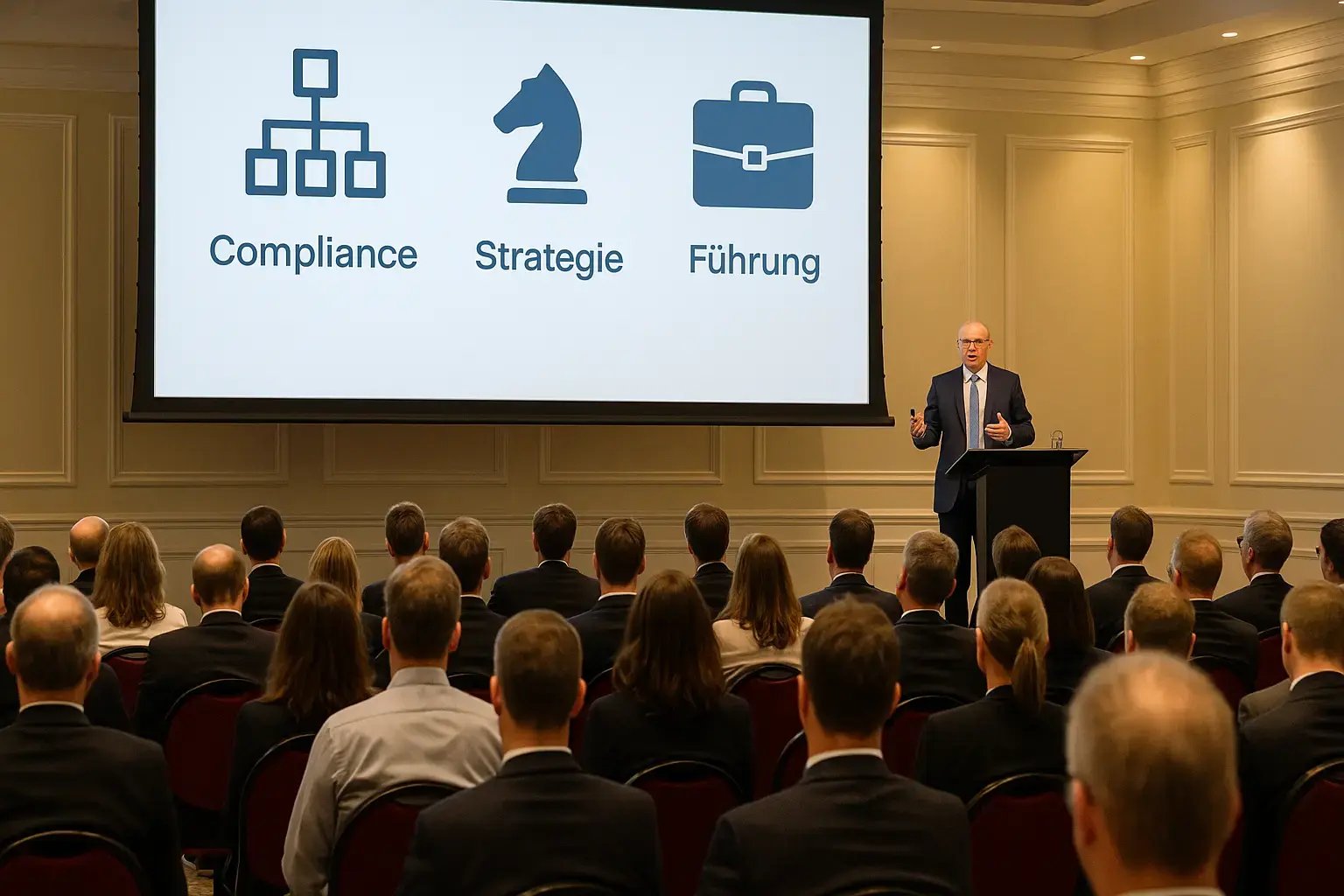 Ein Referent präsentiert zu Compliance, Strategie und Führung vor einer versammelten Menge.