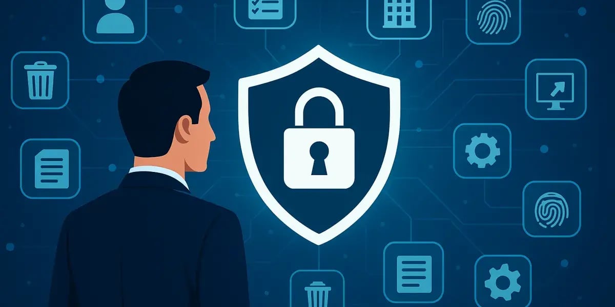 Grafik eines Geschäftsmanns vor Symbolen für Datenschutz, Sicherheit und Datenmanagement.