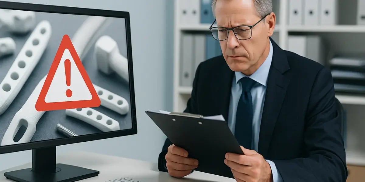 Geschäftsmann überprüft Dokumente auf Qualitätswarnungen, während ein Monitor ein Warnsymbol anzeigt.