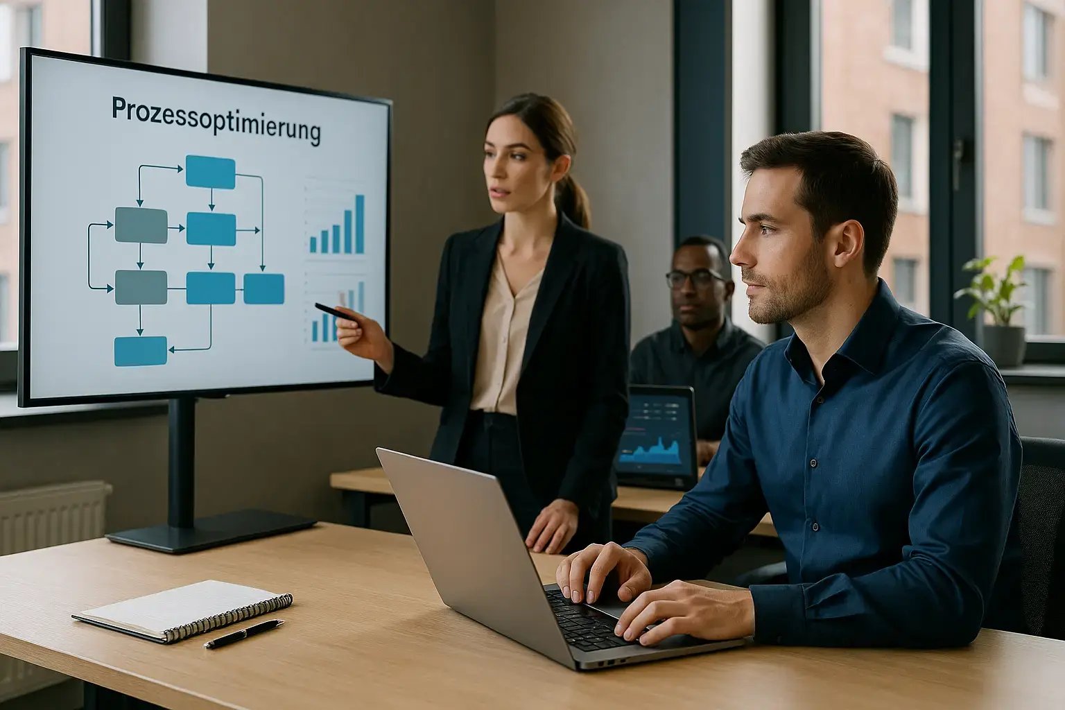 Ein Team bespricht Prozessoptimierung in einem modernen Büro mit Diagrammen auf dem Bildschirm.