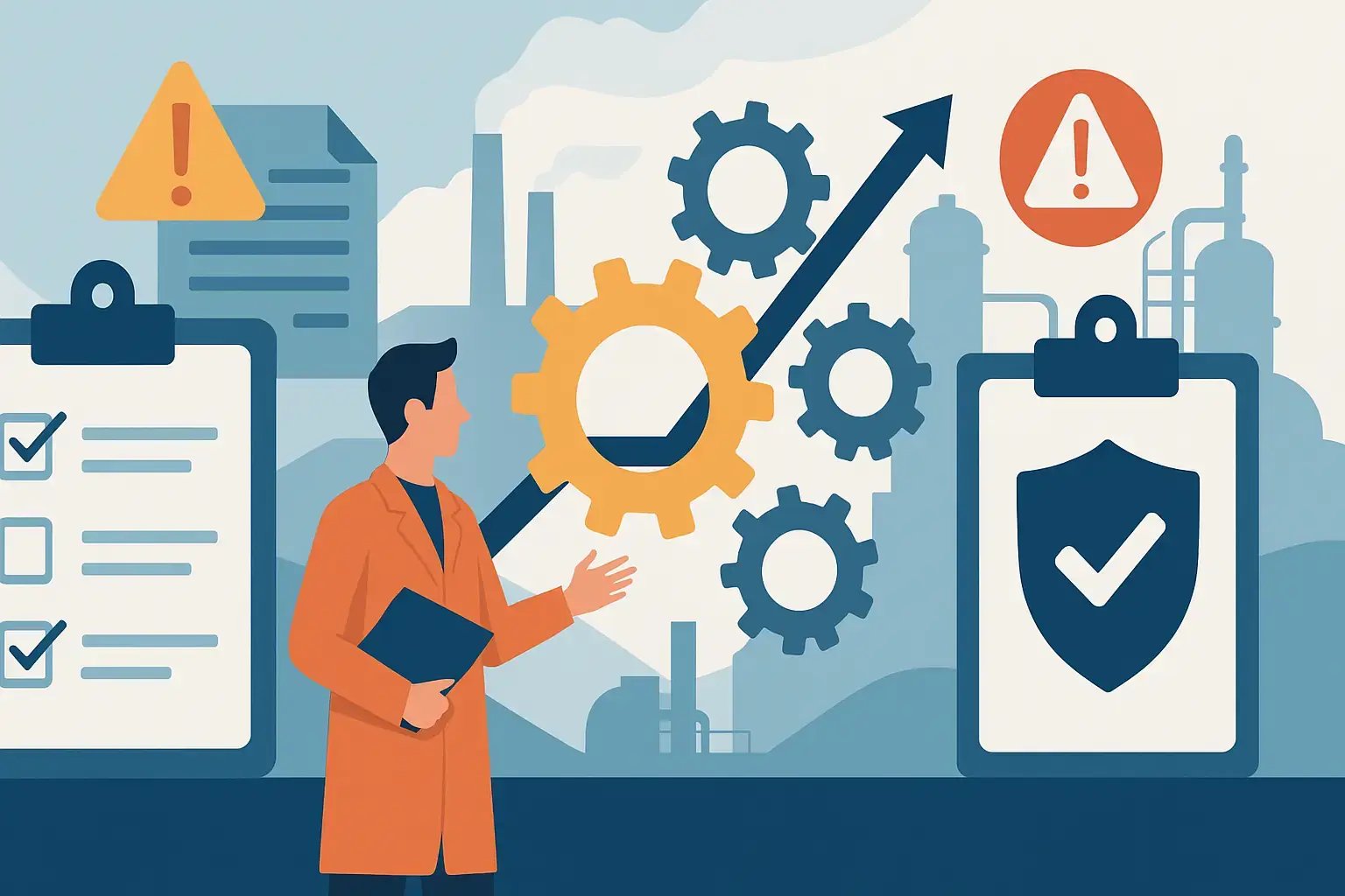 Illustration eines Managers, der Optimierungsprozesse mit Zahnrädern, Checklisten und Sicherheits-Symbolen präsentiert.